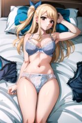 ai_generated bed blonde_hair blush brown_eyes fairy_tail laying_on_back laying_on_bed legs light_blue_lingerie lingerie long_hair lucy_heartfilia on_bed open_mouth ponytail teeth