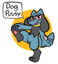 alpha_channel animal_genitalia animal_pussy anthro canid canine canine_genitalia canine_pussy dialogue english_text female generation_4_pokemon genitals mammal nintendo on_one_leg pawpads pokemon pokemon_(species) pussy riolu solo speech_bubble standing telegram_sticker text trout_(artist)