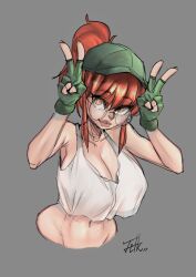 1girls 2d armpits batt_(artist) big_breasts breasts breasts_bigger_than_head double_peace_sign female female_focus female_only female_soldier fio_germi fit_female glasses metal_slug military_hat muscular muscular_female orange_eyes peace_sign red_hair simple_background snk soldier tank_top thick_lips