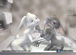 2021 anthro anthro_on_anthro bathtub beastars bodily_fluids breasts crossover disney domestic_rabbit duo dwarf_rabbit eastern_and_western_character female female/female fur grey_body grey_fur hand_holding haru_(beastars) hi_res interlocked_fingers judy_hopps kneeling lagomorph leporid looking_at_viewer mammal netherland_dwarf_rabbit nude orange_eyes oryctolagus partially_submerged purple_eyes rabbit saliva saliva_string scut_tail short_tail signature steam tail taka_studio text tongue tongue_out towel url washcloth water white_body white_fur zootopia