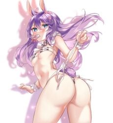 1girls animal_ears belly_button bikini blue_eyes blush bunny_ears bunny_girl bunny_tail candy cow_print cow_print_bikini eyebrows_visible_through_hair female female_only food indie_virtual_youtuber light-skinned_female light_skin lollipop lollipop_in_mouth purple_hair ringeko_chan solo tail undressing untying usami_kiari virtual_youtuber