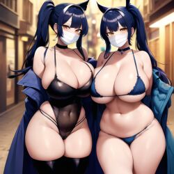 2girls ai_generated alley_queens big_breast blue_hair choker coat curvy female female_only flashing mask miss_b_&_miss_j original ponytail voluptuous