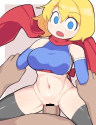 1boy alice_margatroid arm_grab bar_censor black_thighhighs blonde_hair blue_eyes blue_gloves blush bottomless breasts brown_background censored clothed_sex commentary cookie_(touhou) cowboy_shot cowgirl_position elbow_gloves female fishnets gloves hair_between_eyes hospital_king large_breasts medium_bangs navel ninja open_mouth penis pussy red_scarf scarf sex shiny_skin short_hair solo_focus straddling straight textless_version thighhighs touhou two-tone_background underbust vaginal_penetration web_(cookie) white_background wrist_pull_cowgirl