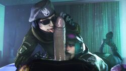 ball_sucking bed big_penis blue_eyes brown_hair clothed ela_(rainbow_six) game_character glasses gloves green_hair headgear huge_cock kjthegrimreaper penis_lick polish rainbow_six rainbow_six_siege sisters sunglasses tinted_eyewear tom_clancy ubisoft video_game_character video_game_franchise zofia_(rainbow_six)