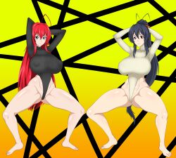 2girls ahoge akeno_himejima arms_behind_head arms_up big_breasts blue_eyes_female blue_hair blue_hair_female high_school_dxd huge_breasts long_blue_hair long_hair long_red_hair multiple_girls no_panties ponytail red_hair rias_gremory sihkygmojsn spread_legs squatting sweater thick_thighs waist_length_hair