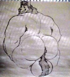 anthro back back_view backsack ball_tuft balls big_ass big_butt body_hair butt_crack canid canine furry itzcharlie kosmonius looking_back male male_only muscular muscular_male pencil_(artwork) presenting presenting_hindquarters solo solo_male