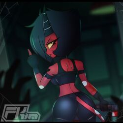 angry ass black_lipstick demon demon_girl demon_horns demon_tail fingerless_gloves fkimnsfw gloves helluva_boss horn imp looking_at_viewer looking_back midriff millie_(helluva_boss) red_body tagme tight_clothes tight_clothing tight_pants vivienne_medrano yellow_eyes