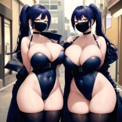 2girls ai_generated alley_queens big_breast blue_hair choker coat curvy female female_only flashing mask miss_b_&_miss_j original ponytail voluptuous