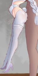 1boy 1girls alternate_costume azur_lane bar_censor censored dark-skinned_male dark_skin dlinne female_orgasm heels height_difference high_heels le_malin_(azur_lane) le_malin_(listless_lapin)_(azur_lane) lifted_by_another lifted_by_penis light-skinned_female light_skin off_screen_character official_alternate_costume offscreen_character penetration penis shoes size_difference smaller_female squirting stomach_bulge taller_male vichya_dominion_(azur_lane)