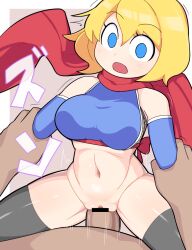 1boy alice_margatroid arm_grab bar_censor black_thighhighs blonde_hair blue_eyes blue_gloves blush bottomless breasts brown_background censored clothed_sex commentary cookie_(touhou) cowboy_shot cowgirl_position elbow_gloves female fishnets gloves hair_between_eyes hospital_king large_breasts medium_bangs navel ninja open_mouth penis pussy red_scarf scarf sex shiny_skin short_hair solo_focus straddling straight thighhighs touhou two-tone_background underbust vaginal_penetration web_(cookie) white_background wrist_pull_cowgirl