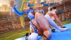 2girls 3d all_fours asian asian_female big_breasts black_hair blonde_hair capcom caption catfight chun-li clothed clothed_female crowd defeated dialogue english_text female_only femdom fight fighting_ring gladio_tenebris gladiotenebris hand_mark humiliation nude nude_female rainbow_mika ryona shocked shocked_expression slap slap_mark slapping_butt space spank_marks spanking street_fighter street_fighter_v tan_body text violence wrestling wrestling_ring