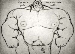 anthro belly big_bulge big_muscles bulge cedrascorvid huge_bulge huge_muscles itzcharlie kosmonius male male_only monkey musclegut muscles muscular muscular_male nipples pecs pencil_(artwork) shirtless shorts simian smile smiling solo solo_male text