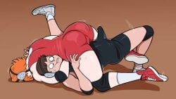 1boy 1girls ass bulge clothing erection erection_under_clothes female femdom freckles ginger grappling hair_over_eyes headlock hellonearthiii legs leslie_mcmurray male mixed_wrestling muscular muscular_female nerd_(hellonearthiii) orange_hair pale-skinned_female pale_skin penis pinned pinning redhead sneakers socks st._denis_academy_(hellonearthiii) thick_thighs thighs tight_clothing wrestling wrestling_singlet