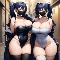 2girls ai_generated alley_queens big_breast blue_hair choker coat curvy female female_only flashing mask miss_b_&_miss_j original ponytail voluptuous