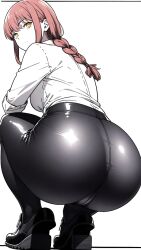 1girls ai_generated ass ass_focus bottom_heavy chainsaw_man clothing huge_ass jarentr makima_(chainsaw_man) pants red_hair solo squatting tight_fit