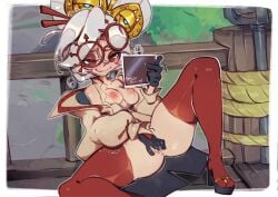 1girls biting_lip blush brown_hair clothed_masturbation clothing disabledfetus glasses gloves hair_ornament masturbation nintendo open_shirt partially_clothed phone presenting purah purah_(tears_of_the_kingdom) pussy sitting small_breasts smile solo solo_female stockings tears_of_the_kingdom the_legend_of_zelda thick_thighs video_game video_game_character video_games white_hair