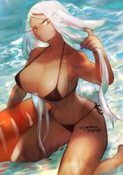 1girls :/ absurdres animal_ears artist_signature beach big_breasts bikini black_bikini breasts carrot cleavage dark-skinned_female dark_skin female female_only hand_up hi_res highres holding holding_own_hair inflatable_toy kneeling large_breasts long_eyelashes long_hair looking_aside looking_at_viewer micro_bikini miruko my_hero_academia nail_polish navel on_water outdoors parted_bangs purple_nails rabbit_ears rabbit_girl rabbit_tail red_eyes rumi_usagiyama shounen_jump side-tie_bikini_bottom smooth_skin solo stomach swimsuit tail tan tanline thick_thighs thighs toned toned_female twitter_username water white_hair yamamayuga472