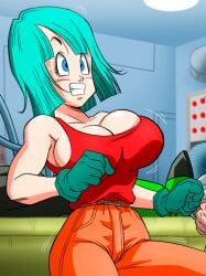 1girls 2023 big_breasts blue_eyes blue_eyes_female blue_hair blue_hair_female bulma bulma_(dragon_ball) bulma_briefs bulma_briefs_(cell_saga) dragon_ball dragon_ball_z female female_only gloves kame_paradise_3 safe safe_for_work solo toei_animation yamamoto_doujin