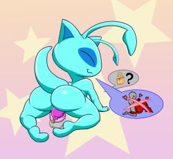 adeviantcritter aisha_(neopets) ambiguous_gender antennae_(anatomy) anthro balls chastity_device genitals heart jumpstart_games lock lock_symbol male male/ambiguous neopet_(species) neopets red_body rubbing_penis solo tail teal_body