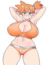 1girls alternate_breast_size armpits asymmetrical_hair bellupup blue_eyes blush bra breasts clothing creatures_(company) female female_only game_freak gym_leader highres huge_breasts kasumi_(pokemon) large_breasts legs looking_at_viewer matching_underwear navel nintendo orange_bra orange_hair orange_panties panties pokemon pokemon_(game) pokemon_lgpe pokemon_rgby ponytail short_hair side_ponytail smile solo spread_legs thick_thighs thighs underwear white_background wide_hips