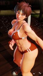 1girls 3d abdomen abs athletic athletic_female athletic_wear brown_hair cleavage female female_only fully_clothed gym_clothes gym_clothing gym_shorts gym_uniform headband looking_at_viewer medium_breasts muscular_female repinscourge sakura_kasugano screencap screenshot short_hair side_view solo standing stomach street_fighter street_fighter_v toned toned_female