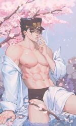 1boy abs artist_request branch cigarette hat jojo's_bizarre_adventure jotaro_kujo male male_only muscular_male outside pectorals sakura_petals smoking stardust_crusaders tagme trees underwear_only water