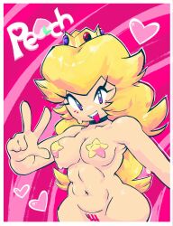 blonde_hair blue_eyes breasts censor_bar censored censored_pussy character_name choker crown heart jublee_art mario_(series) mostly_nude nintendo pasties princess_peach purple_eyes tagme