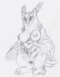 anthro avian beak biped bird breasts claws feathers female genitals green_eyes hi_res kitsune_youkai longclaw_(sonic) nipples owl pussy sega solo sonic_(series) sonic_the_hedgehog_(film) sonic_the_hedgehog_(series)