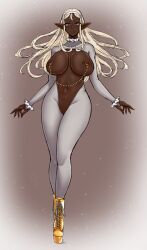 2022 big_breasts breasts brown_body brown_skin clothed clothing dark_body dark_skin elf female genitals hair hi_res humanoid humanoid_pointy_ears ineffective_clothing long_hair nipple_chain nipple_piercing nipples not_furry piercing pussy slimyylolitrash solo