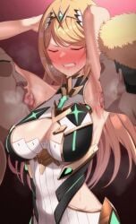 1girls 2boys annoyed annoyed_expression armpit_fetish armpit_licking armpits arms_behind_back blonde_hair breasts clenched_teeth core_crystal earrings eruu eruu_(eruuman) female licking licking_armpit male multiple_boys mythra mythra_(xenoblade) saliva steam steaming_body tiara tongue tongue_out wet_armpit xenoblade_(series) xenoblade_chronicles_2