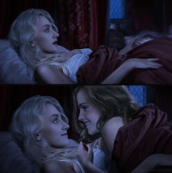 2girls background bed bedroom blanket blonde_hair blush breasts brown_hair celebrity cleavage clothed clothed_female clothing dark_room detailed_background emma_watson evanna_lynch eye_contact eyes female female_focus female_only freckles freckles_on_face hair happy harry_potter hermione_granger human human_on_human human_only light-skinned_female light_skin long_hair luna_lovegood lying lying_on_person multiple_girls night ninjartist on_back on_bed on_person on_stomach open_eyes open_mouth photorealistic real_person realistic shocked side_view smile surprised teeth under_blanket upper_body white_clothing yuri