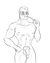 1boy athletic eyewear ferry_marlon genitals glasses humanoid line_art male male_only muscular nude penis pipe rohrag sea_pupper semi-humanoid smoking_pipe solo