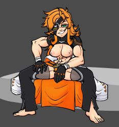 1girls abs asher_(omega_strikers) barefoot breasts coolstylefag exposed_breasts eyepatch feet female female_only green_eyes long_hair medium_breasts muscular muscular_female nipples omega_strikers orange_hair pubes pubic_hair sitting smile solo spread_legs