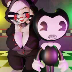 1girls 3d 3d_(artwork) bendy bendy_and_the_ink_machine bendy_the_dancing_demon big_breasts breasts cally3d clazzey cleavage closed_eyes cryptiacurves fazclaire's_nightclub female five_nights_at_freddy's five_nights_at_freddy's_2 fnaf fredina's_nightclub grin huge_breasts lefty_(fnaf) marie_(cally3d) marie_(cryptia) marionette_(fnaf) puppet_(cally3d) puppet_(fnaf) scottgames size_difference smile vxast wide_hips