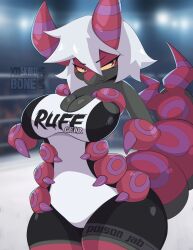 2023 artist_name big_breasts breasts bug bug_girl cleavage english_text female game_freak hourglass_figure pokémon pokémon_(species) pokemon scolipede short_hair short_white_hair shorts skwidbone tank_top text text_on_shorts text_on_tank_top thick_thighs white_hair wide_hips wrestling_ring yellow_sclera