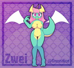 absurd_res anthro dragon feet female floating_wings grossdice hair hi_res navel nipples pink_hair scalie solo zwei_(grossdice)