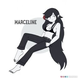 adventure_time black_hair blush breasts cute feet female female_focus female_only hands_in_pockets jeans keetydraws long_hair marceline marceline_abadeer marceline_the_vampire_queen no_shirt no_shoes pointy_ears small_breasts solo vampire vampire_girl white_background