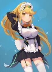 1girls apron blonde_hair bowtie breasts core_crystal garter_straps kiiro_kimi large_breasts looking_at_viewer maid maid_apron maid_headdress maid_uniform mythra nintendo ponytail thighhighs tiara xenoblade_(series) xenoblade_chronicles_2 yellow_eyes