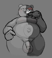 2023 anthro anthrofied balls bear belly big_balls black_body black_fur blush bodily_fluids danganronpa fur genitals glans grey_background grin half-erect hi_res humanoid_genitalia humanoid_penis locitony male male_only mammal monokuma moobs navel nervous nipples nude outie_navel overweight overweight_male penis portrait red_eyes round_ears sharp_teeth simple_background smile smooth_skin solo solo_male spike_chunsoft split_form superchub sweat sweatdrop sweaty_face teeth thick_thighs three-quarter_portrait white_body white_fur