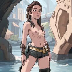 ai_generated aloy brown_hair casual_nudity casual_topless horizon_forbidden_west horizon_zero_dawn mouth_open nonsexual_nudity shorts small_breasts stable_diffusion topless