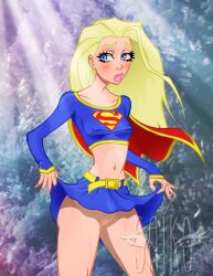 1girls blonde_hair blonde_hair blush dc dc_comics kara_zor-el lifting_skirt saiko supergirl