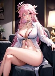 ai_generated big_breasts blush crossed_legs genshin_impact jewerly long_hair looking_at_viewer naked_shirt open_clothes shirt sitting solo solo_female stable_diffusion yae_miko