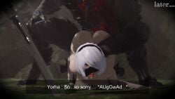 3d 3d_(artwork) assdepik big_ass big_penis breast_press breasts canine_penis cum defeated defeated_heroine from_behind_position mind_break monster monster_rape nier:_automata questionable_consent rape reaching_for_weapon text werewolf white_hair yorha_2b