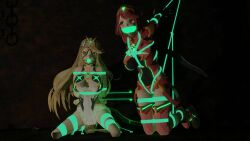 3d arms_tied_behind_back ball_gag blonde_hair bondage boots bound breasts core_crystal crotch_rope devious-renders dress earrings gag gagged green_ball_gag harness_ball_gag kneeling large_breasts legs_tied leotard long_hair multiple_girls multiple_subs mythra nintendo pyra red_eyes red_hair red_leotard red_shorts restrained rope rope_between_breasts rope_bondage shibari_over_clothes short_hair short_shorts shorts slave tape tape_gag taped_mouth tiara white_dress xenoblade_(series) xenoblade_chronicles_2 yellow_eyes