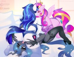 alicorn anthro anthro_on_anthro anthrofied anus arthropod ass bed big_breasts big_butt blue_body bra breasts changeling clothed clothed_sex clothing clothing_aside cunnilingus cutie_mark equid equine female female/female friendship_is_magic furniture garter_belt genitals gleaming_shield_(mlp) group group_sex hair hand_on_butt hasbro hi_res horn kissing lying mammal married_couple mtf_crossgender multicolored_hair my_little_pony on_back on_bed oral panties panties_aside princess_cadance_(mlp) purple_body pussy queen_chrysalis_(mlp) rule_63 sex shining_armor_(mlp) smooth_skin thighhighs threesome trio underwear underwear_aside unicorn vaginal_penetration white_body wings xjenn9