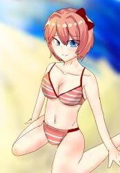 1girls blue_eyes bow breasts cleavage doki_doki_literature_club female hair_bows hair_intakes hairbow just_sayori navel red_bow red_hair_bow red_hairbow sayori_(doki_doki_literature_club) strawberry_blonde_hair