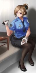 giantess kuroihassan officer pantyhose police_uniform policewoman smaller_female smaller_male