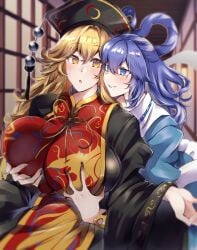 2girls :o big_breasts blonde_hair blue_eyes blue_hair clothed_female grabbing_breasts grabbing_from_behind groping hat junko_(touhou) kurokan_(kokkyou_oudan) light-skinned_female milf naughty_face seiga_kaku suprised touhou yellow_eyes yuri