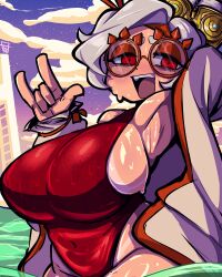 armpits big_breasts female female_focus glasses grey_hair purah purah_(tears_of_the_kingdom) red_eyes sideboob sweat sweaty_body tears_of_the_kingdom the_legend_of_zelda thek1d