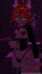 corset cuffs femboy fox fox_ears fox_humanoid fox_tail glowing_eyes green_eyes happy kemonomimi latex lewdtuber male pasties pluto_the_foxboy plutofemboyfox red_hair reverse_bunnysuit smiling space star_tattoo star_tattoos stars tattoos virtual_youtuber vr vrchat vrchat_avatar vrchat_model